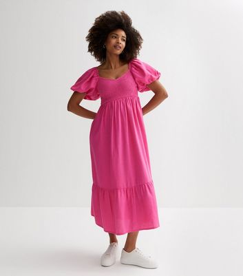 Bright Pink Shirred Sweetheart Puff Sleeve Midi Dress | New Look