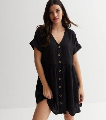 Black Button Front Mini Smock Dress New Look