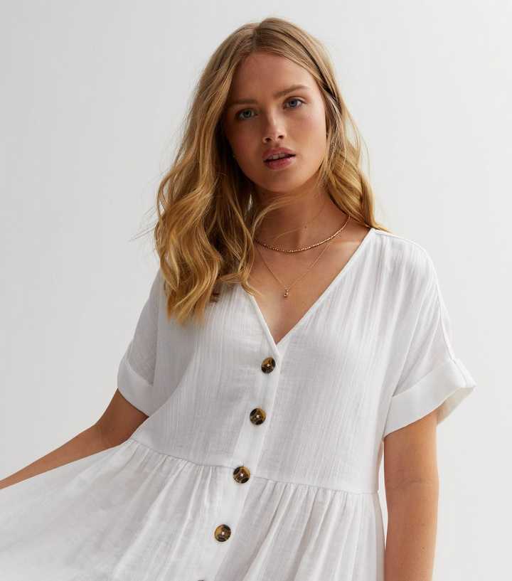 White Button Front Mini Smock Dress | New Look