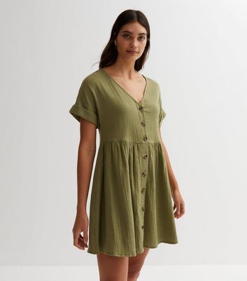 Khaki Button Front Mini Smock Dress New Look