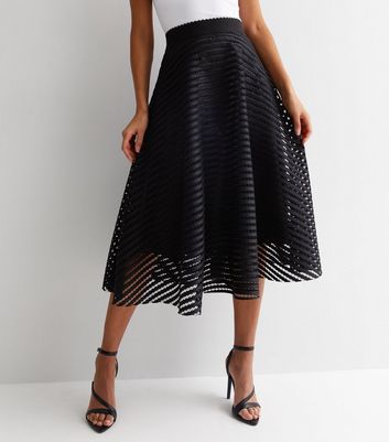 Black Stripe Lace High Waist Midi Skirt New Look