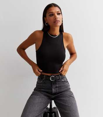 Black Racer Back Round Neck Slinky Crop Top