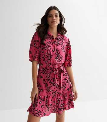 Pink Animal Print Tiered Belted Mini Shirt Dress