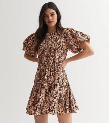 Brown Zebra Print Puff Sleeve Mini Dress New Look