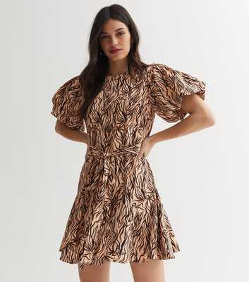 Brown Zebra Print Puff Sleeve Mini Dress