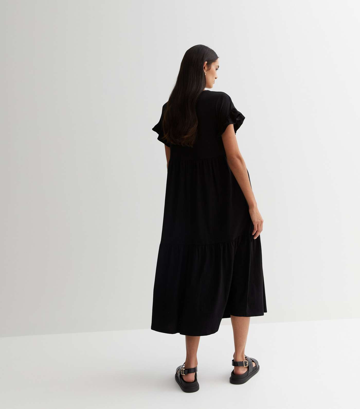 Black Jersey Frill Sleeve Midi Smock Dress Image 4
