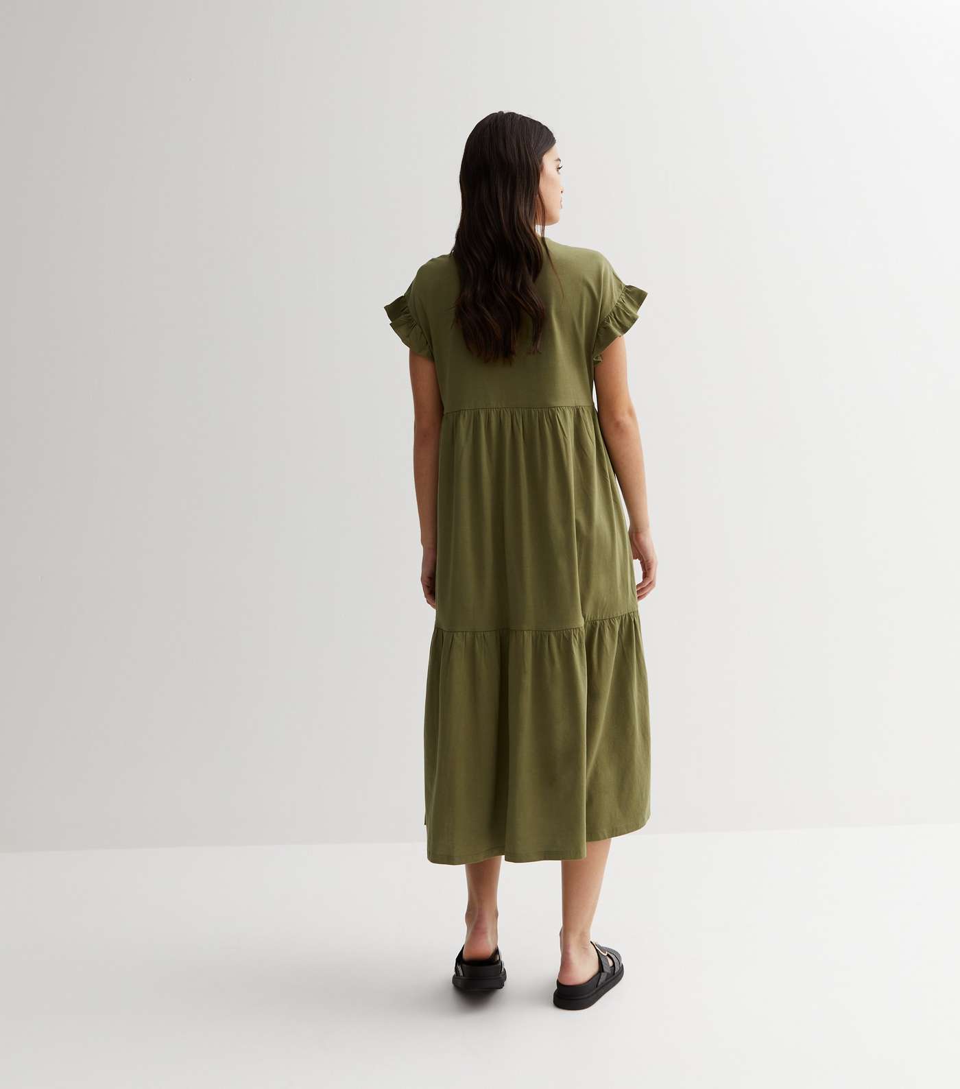 Khaki Jersey Frill Sleeve Midi Smock Dress Image 4