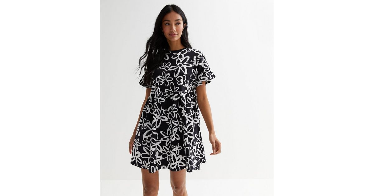 Black Floral Jersey Frill Sleeve Mini Dress | New Look
