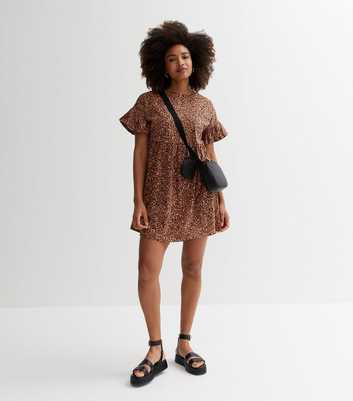 Brown Animal Print Frill Sleeve Mini Smock Dress