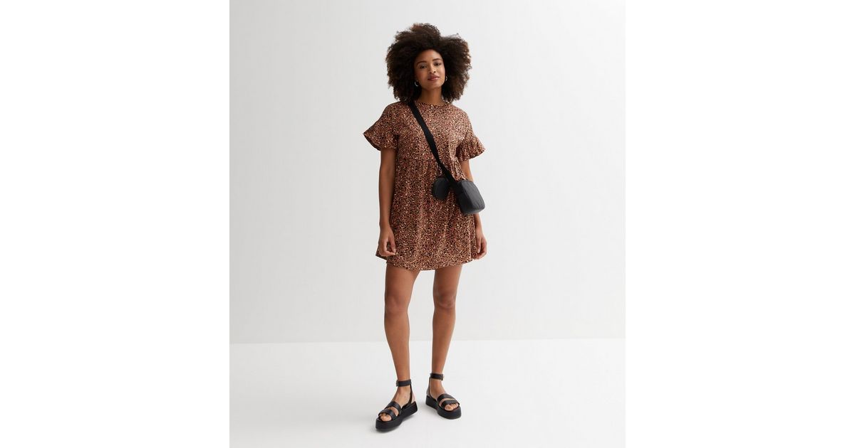 Brown Animal Print Frill Sleeve Mini Smock Dress | New Look