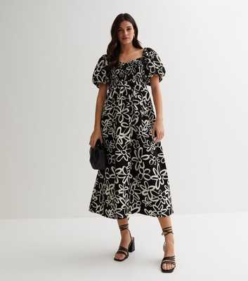 Black Floral Linen-Look Shirred Puff Sleeve Midi Dress