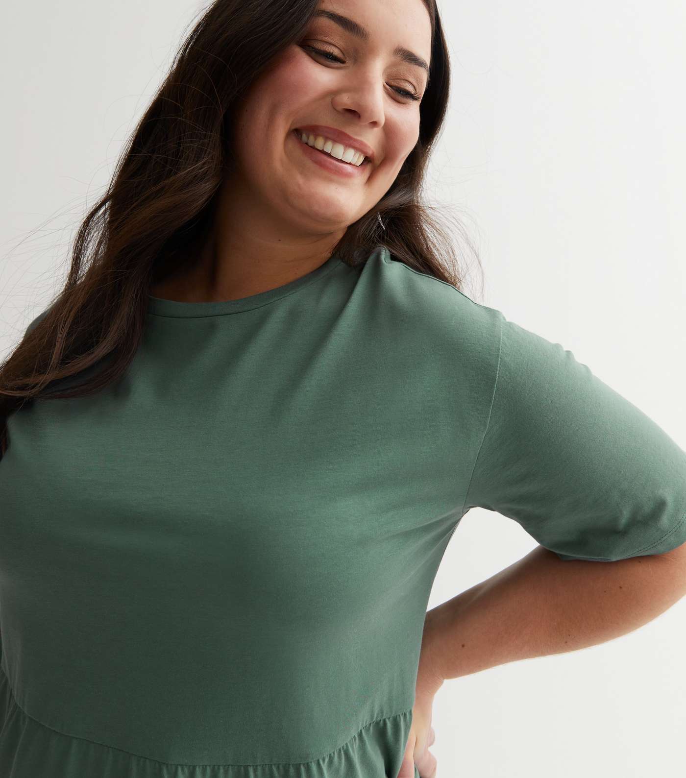 Curves Dark Green Jersey Short Sleeve Peplum T-Shirt Image 2