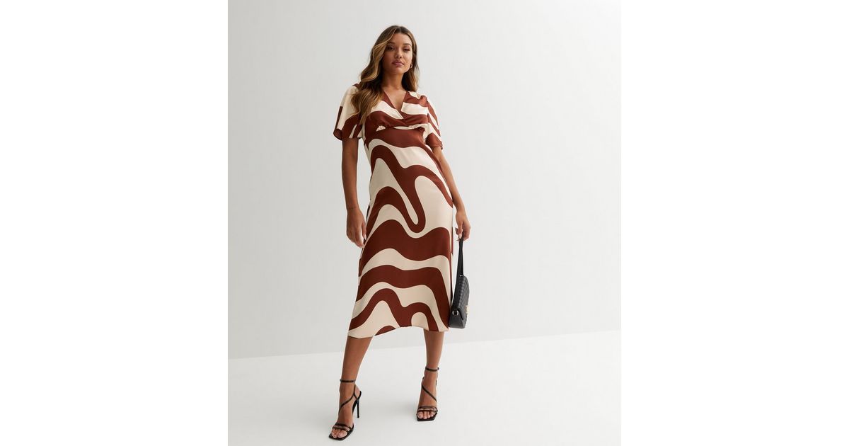 Brown Marble Satin Midi Wrap Dress | New Look
