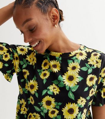 Black Sunflower Jersey Frill Sleeve Mini Dress New Look