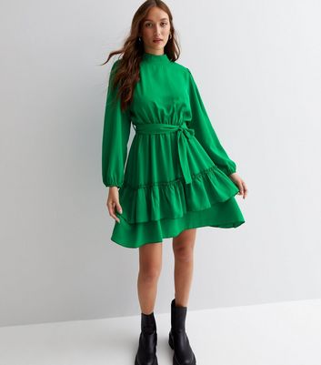 Cameo Rose Green High Neck Long Puff Sleeve Tiered Hem Mini Dress New Look