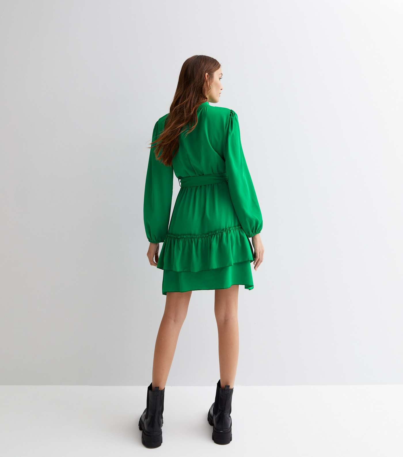 Cameo Rose Green High Neck Long Puff Sleeve Tiered Hem Mini Dress Image 4