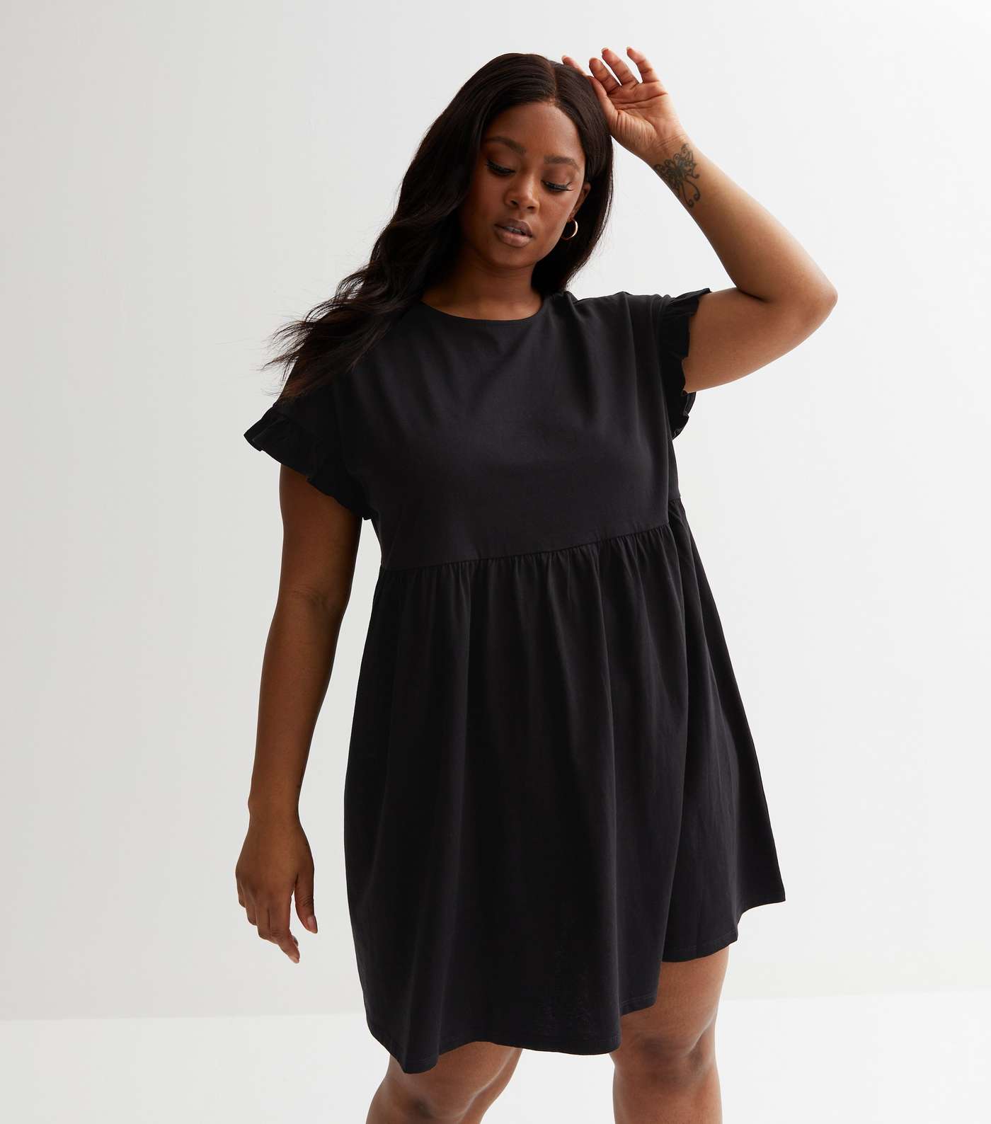 Curves Black Jersey Frill Sleeve Mini Smock Dress Image 3