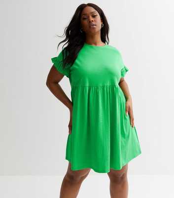 Curves Green Jersey Frill Sleeve Mini Smock Dress