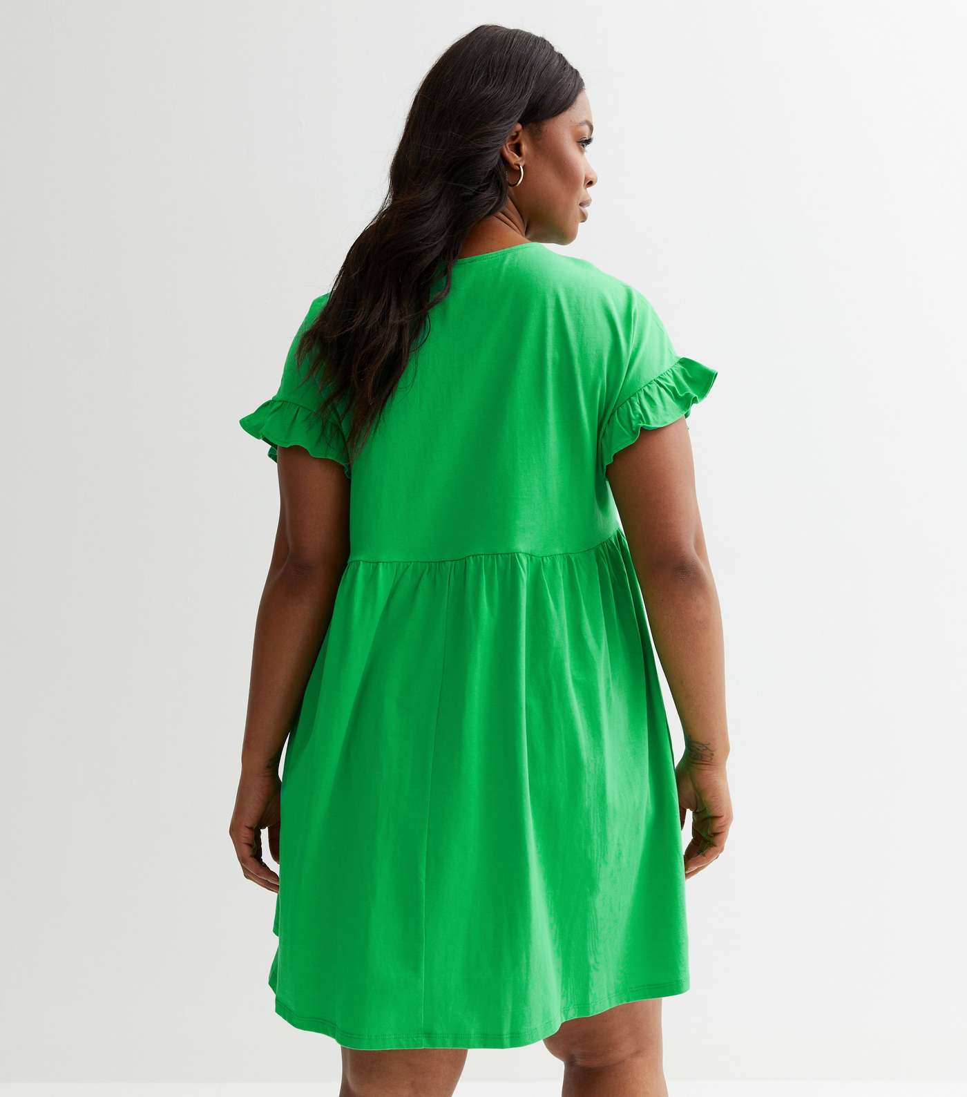 Curves Green Jersey Frill Sleeve Mini Smock Dress Image 4