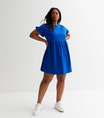 Curves Blue Jersey Frill Sleeve Mini Smock Dress