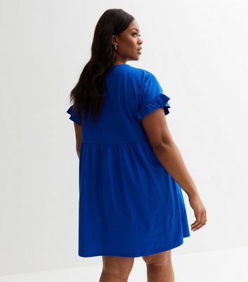 Curves Blue Jersey Frill Sleeve Mini Smock Dress New Look