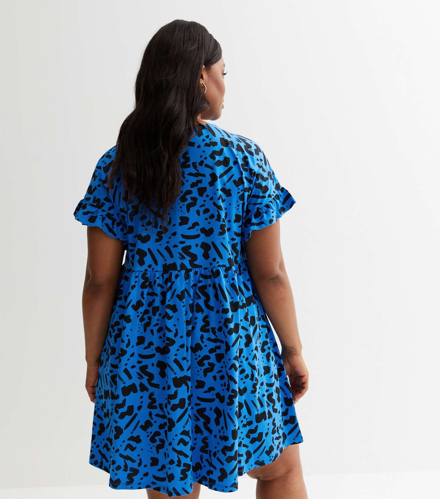 Curves Blue Animal Print Frill Sleeve Mini Smock Dress Image 4