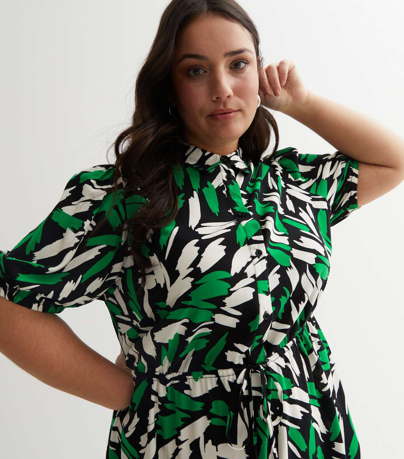 Curves Green Abstract Print Midi Shirt Dress Image 2