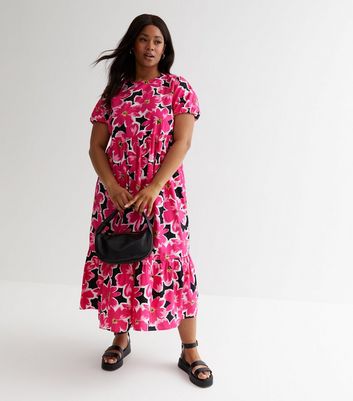 Curves Pink Floral Oversized Midi Smock Dress New Look