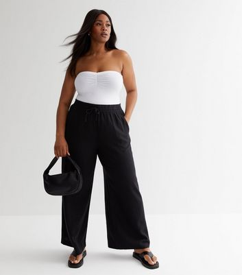 Black Ribbed Wide Leg Trousers  New Look