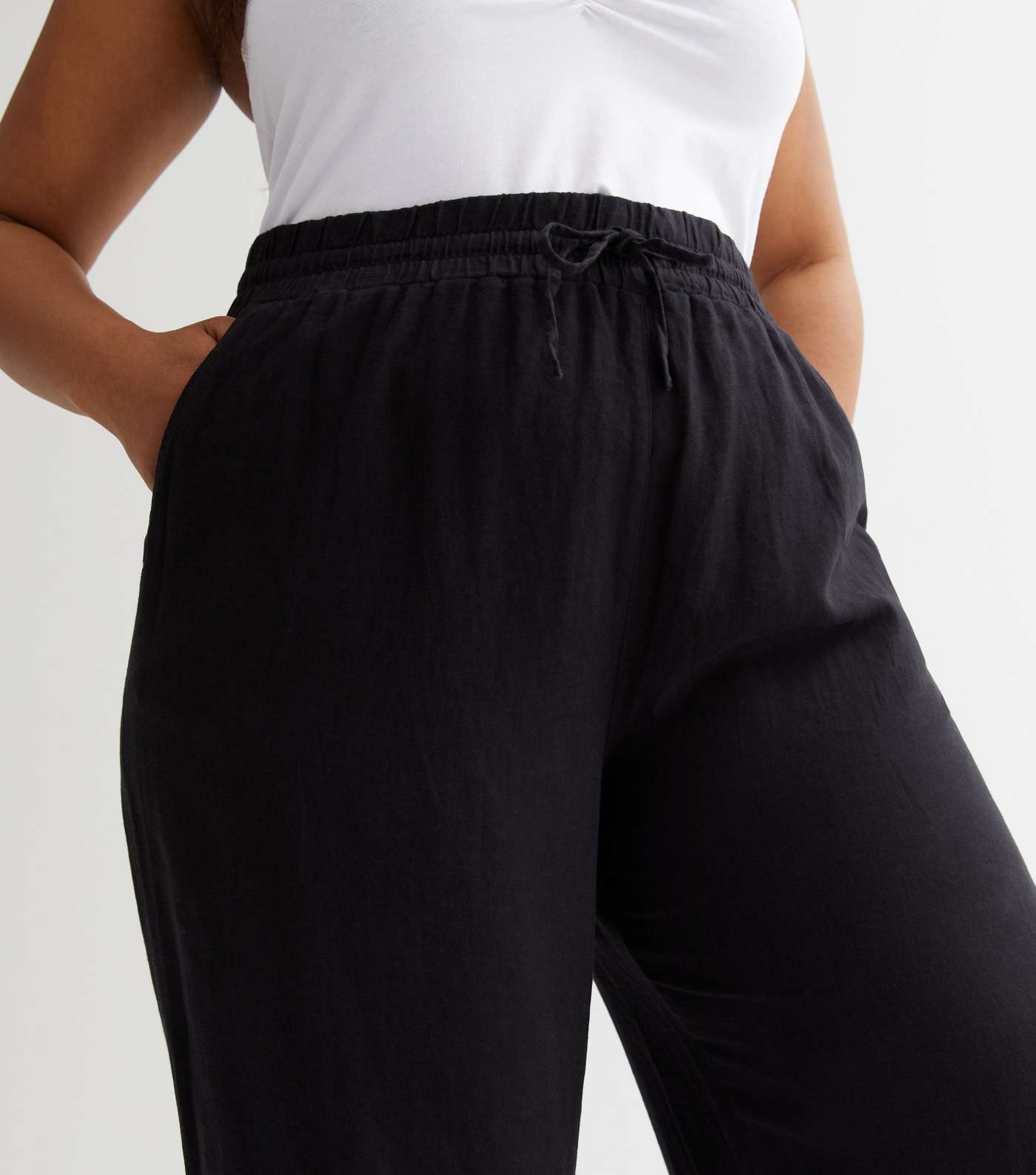 Curves Black Linen Blend Wide Leg Trousers Image 3