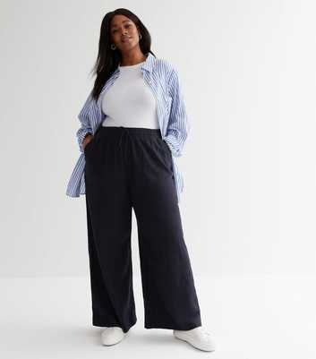 Curves Navy Linen Blend Wide Leg Trousers