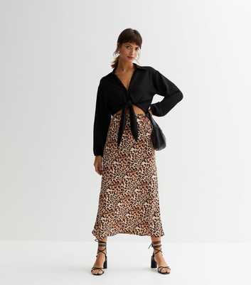 Brown Leopard Print Crepe Midi Skirt