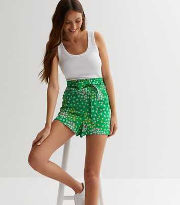 Green Ditsy Floral Crepe Tie Waist Shorts