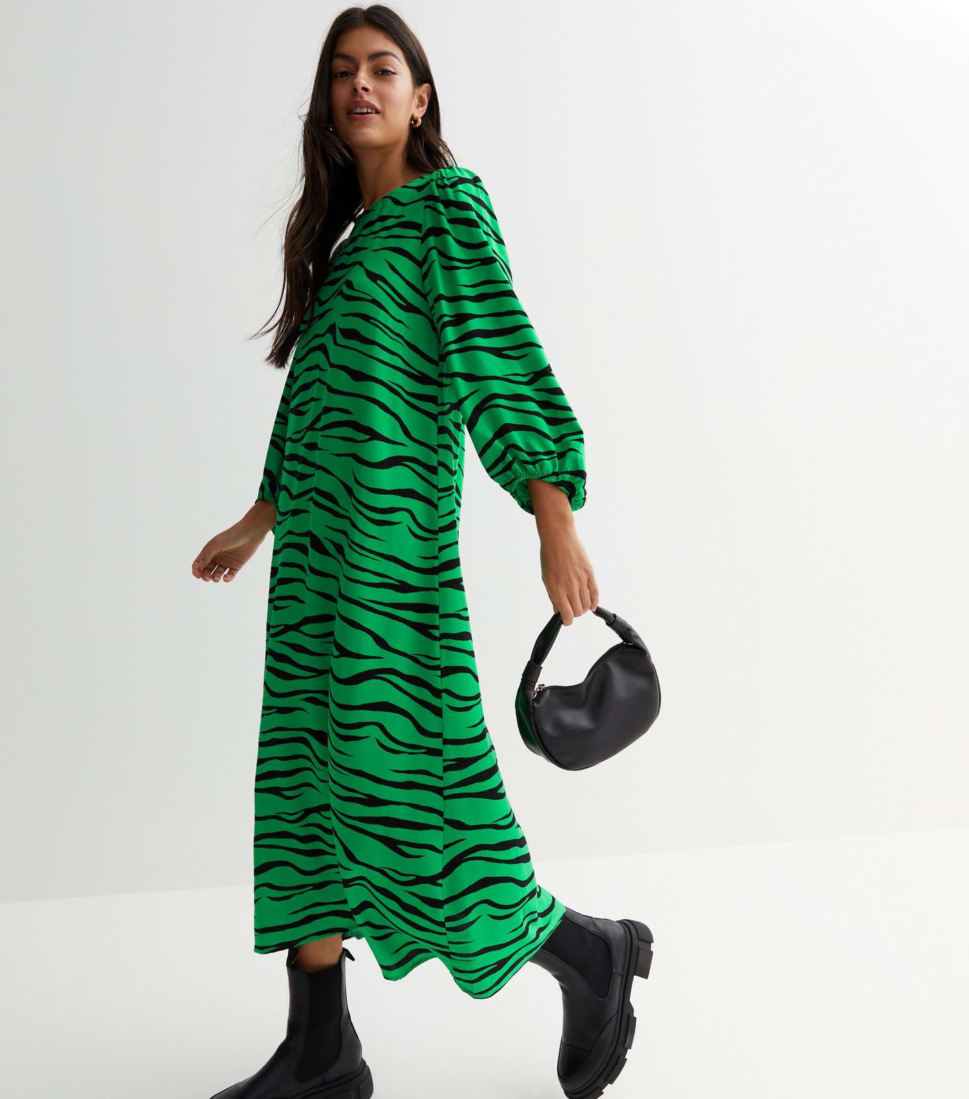 Green Zebra Print Puff Sleeve Midi Dress Image 2