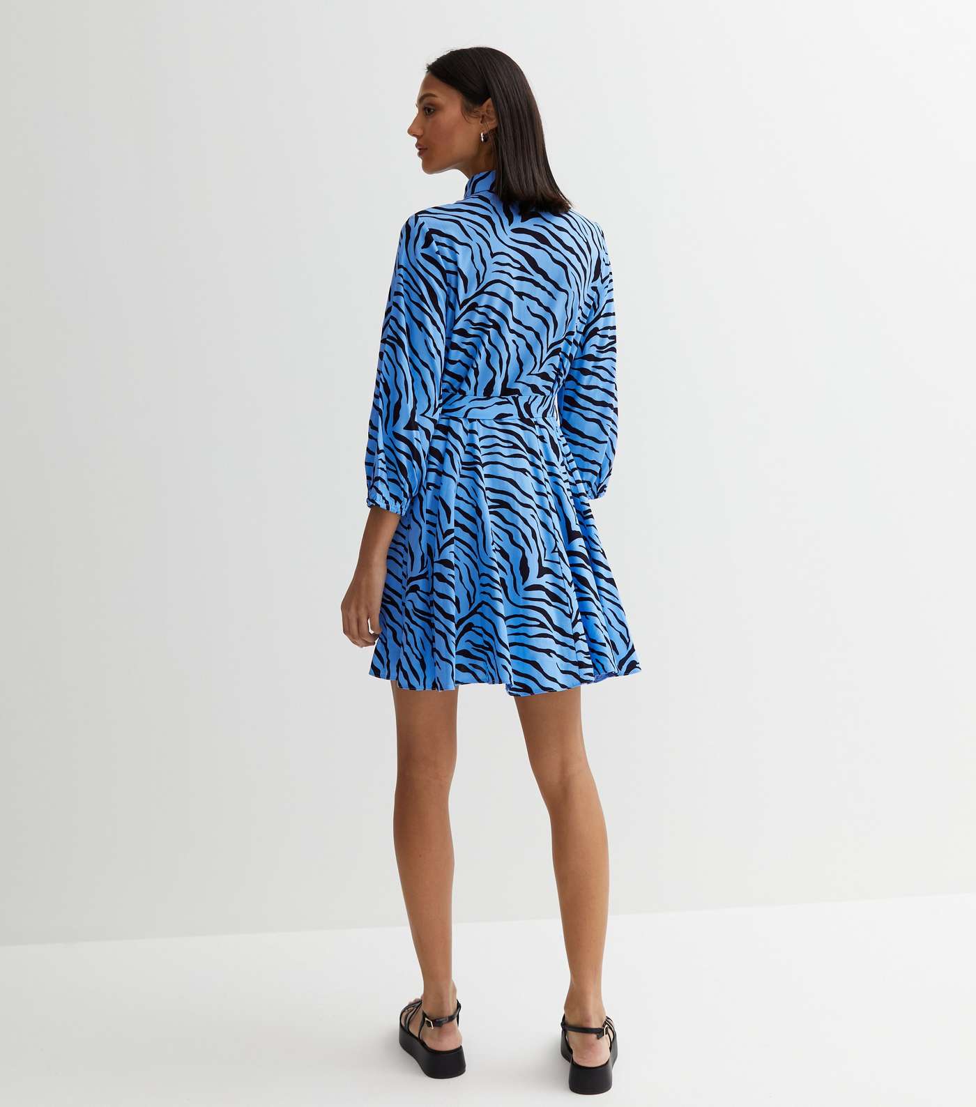 Blue Zebra Print Belted Mini Shirt Dress Image 4