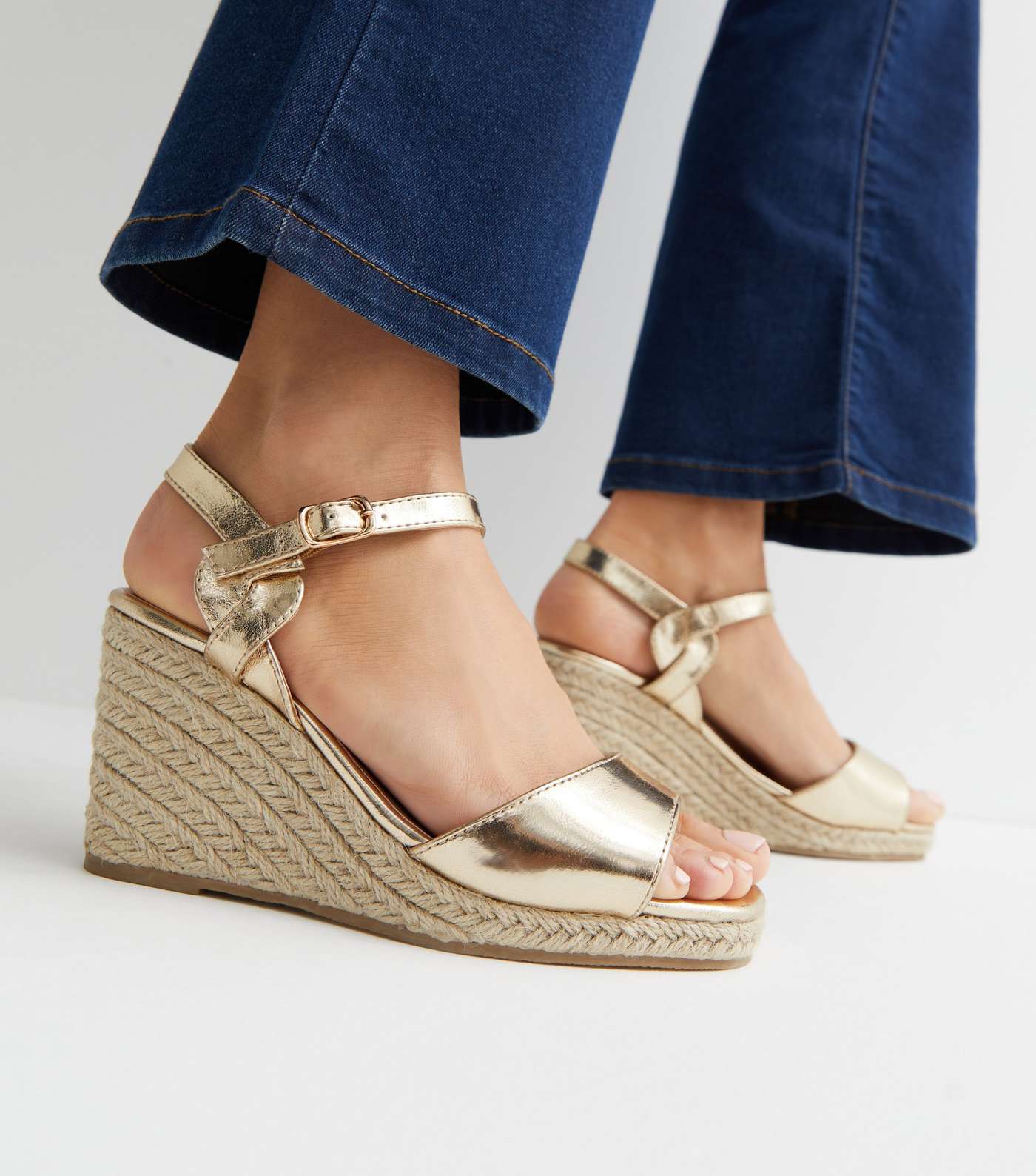 Extra Wide Fit Gold Metallic 2 Part Espadrille Wedge Sandals Image 2