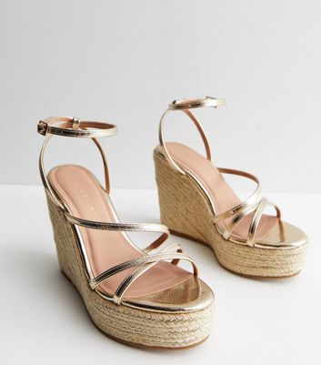 Gold Faux Snake Metallic Espadrille Wedge Sandals New Look