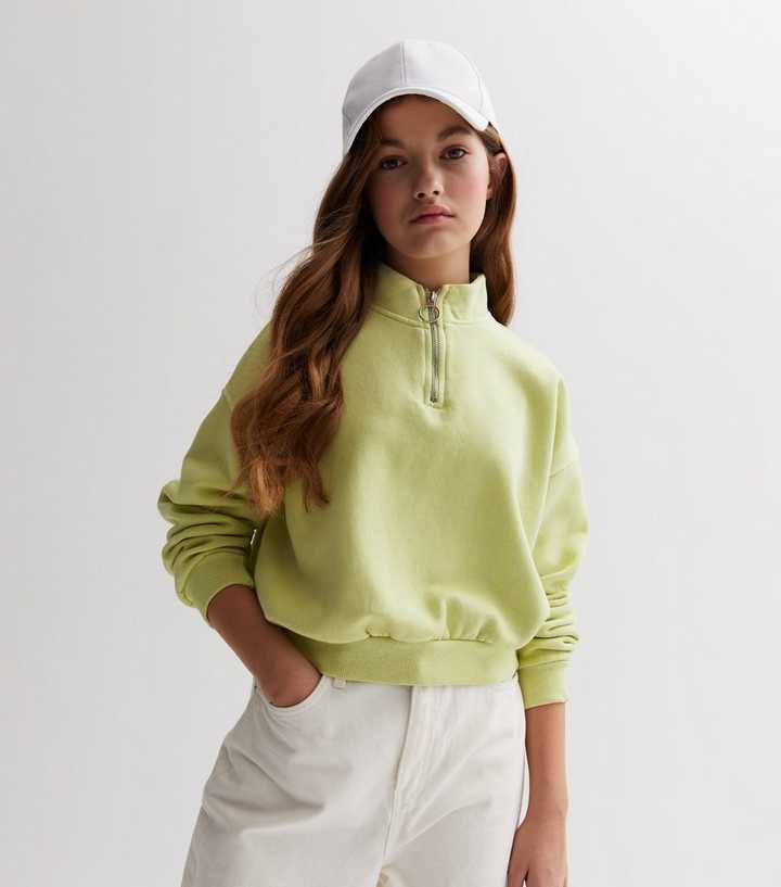Girls Light Green Acid Wash High Neck 1/2 Zip Sweatshirt