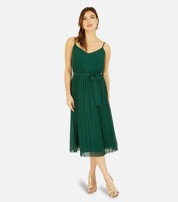 Mela Dark Green Chiffon Strappy Pleated Midi Dress | New Look