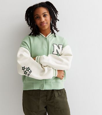 Girls Light Green Varsity New York Pocket Logo Bomber Jacket New Look