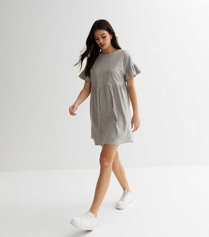 Grey Jersey Frill Sleeve Mini Smock Dress | New Look