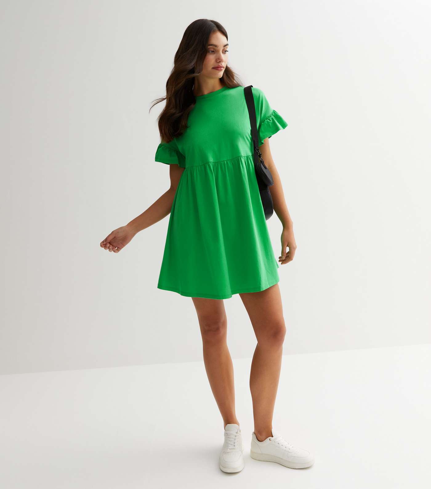 Green Jersey Frill Sleeve Mini Smock Dress Image 3