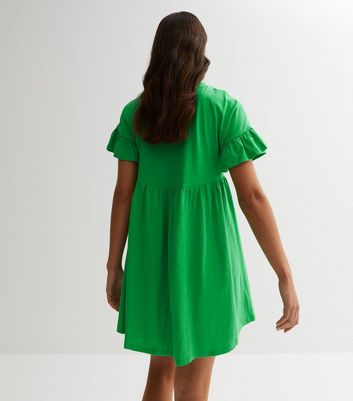 Green Jersey Frill Sleeve Mini Smock Dress New Look