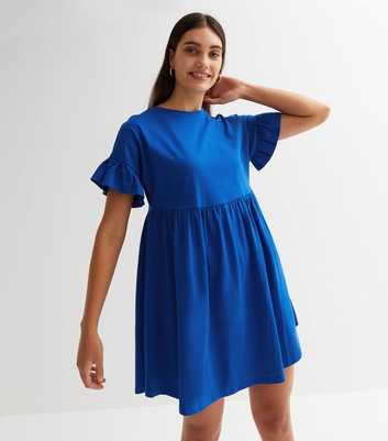 Blue Jersey Frill Sleeve Mini Smock Dress