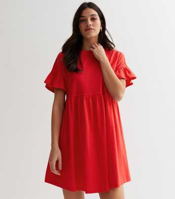Red Jersey Frill Sleeve Mini Smock Dress
