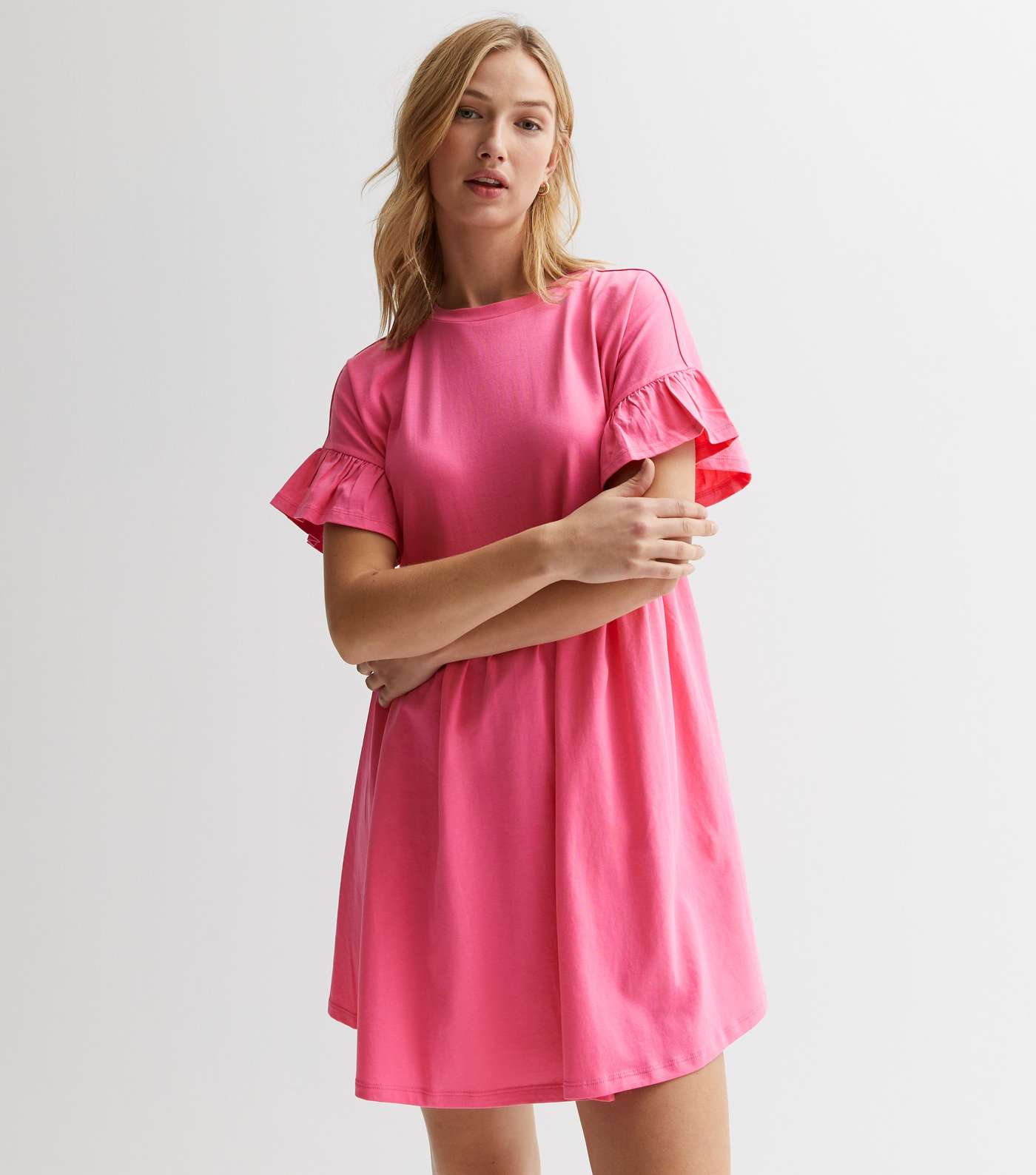 Pink Jersey Frill Sleeve Mini Smock Dress Image 2