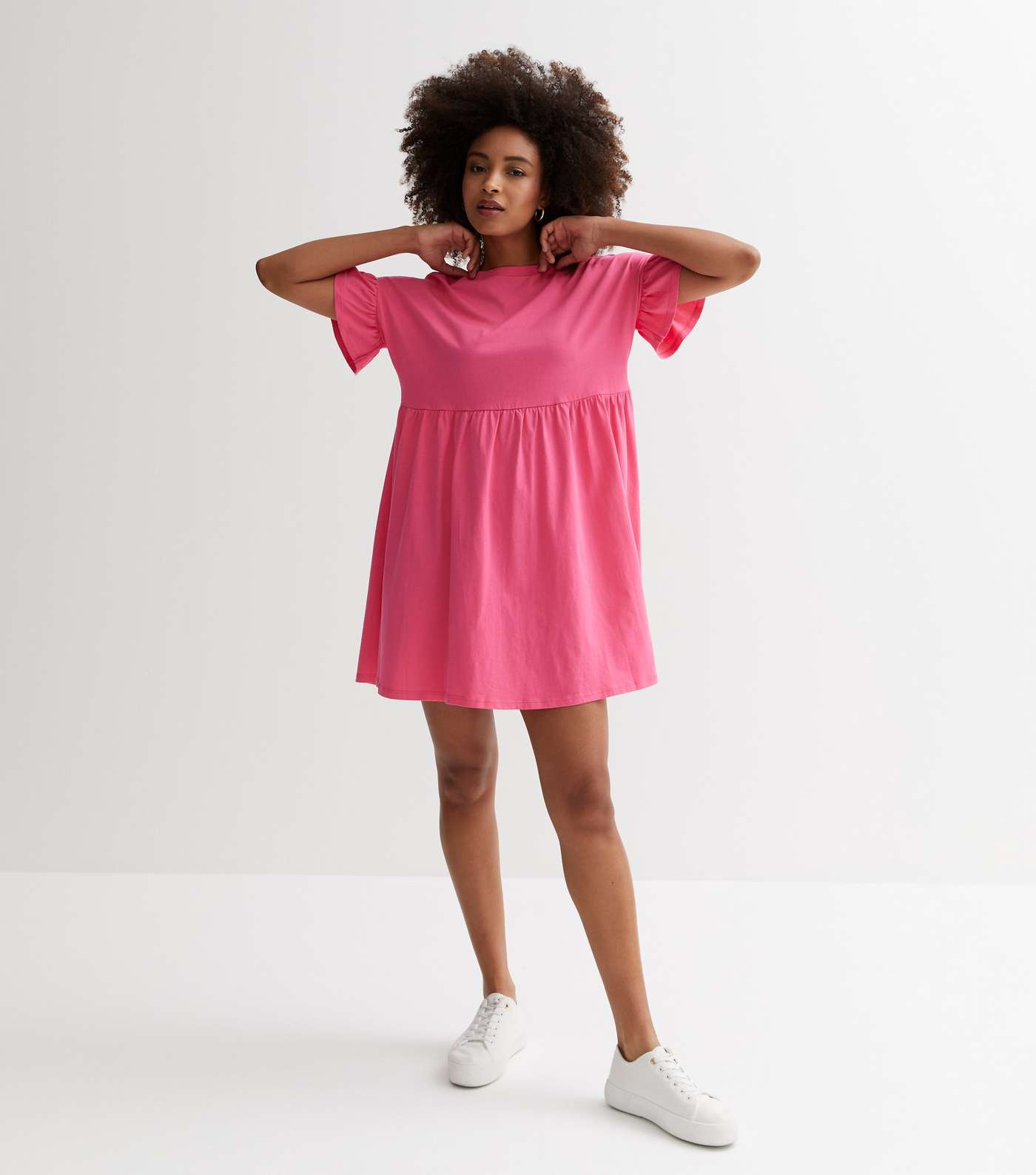 Pink Jersey Frill Sleeve Mini Smock Dress Image 2