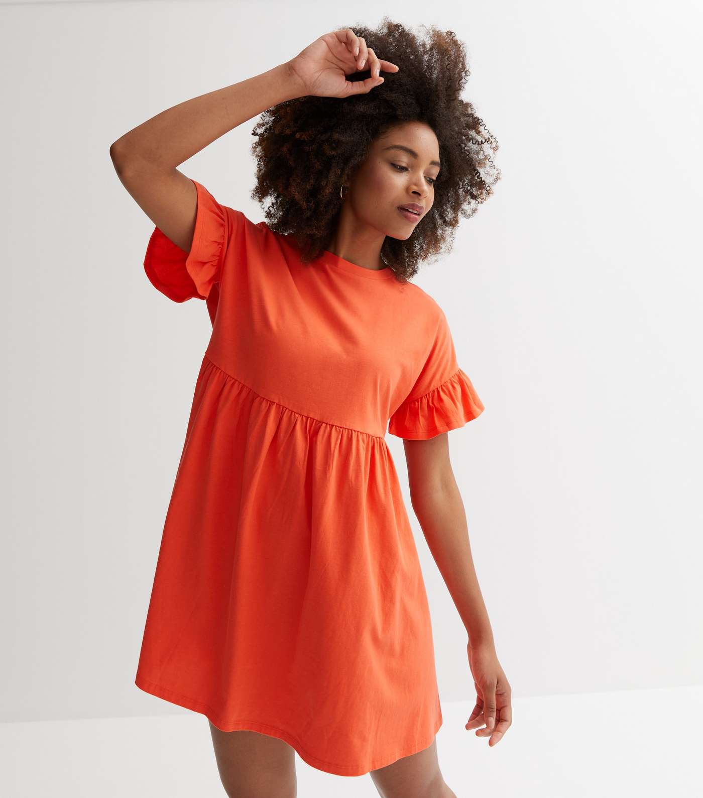 Bright Orange Cotton Frill Sleeve Mini Smock Dress