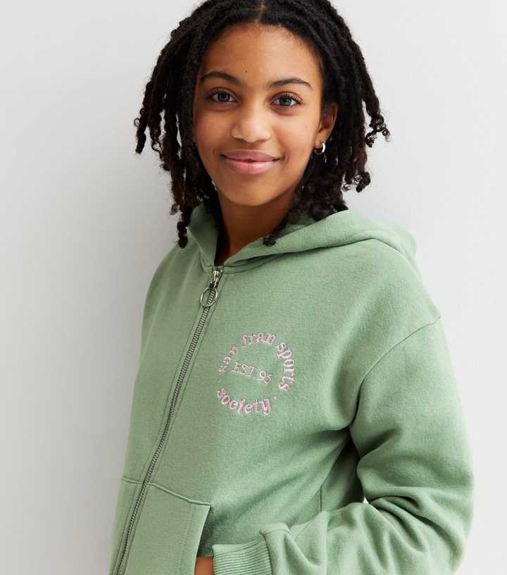 Girls Olive San Francisco Embroidered Zip Through Hoodie | New Look