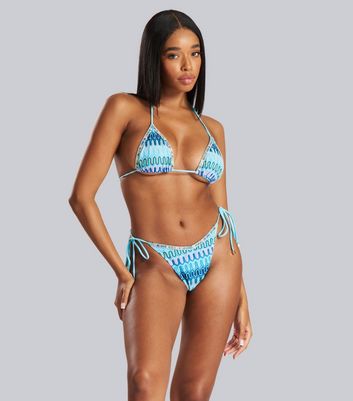 South Beach Blue Stripe Crochet Triangle Bikini Set New Look